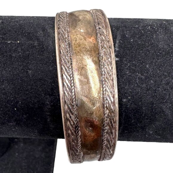 Vintage Silver Tone Bohemian Cuff Bracelet Patina Intricate Braided Edge Design - Picture 1 of 7